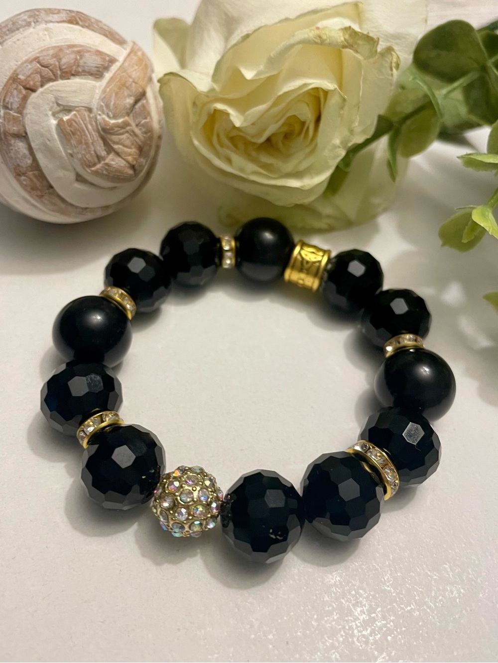 Black Crystal and Onyx 14mm Bracelet with Gold and cz Accents handmade stretch
